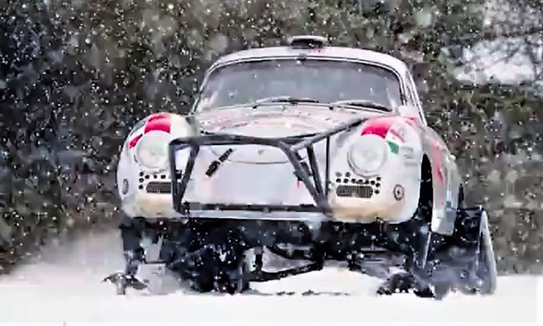 The repurposed Porsche 356 undergoes testing during a snowfall