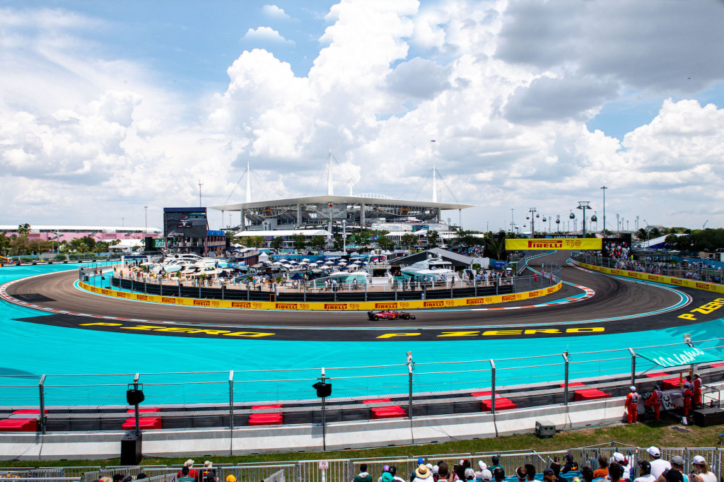 The view toward the Red Bull pavilion at the Miami Grand Prix track, with Hard Rock Stadium in the background. The sea of aqua-blue paint would prove magnetic for drivers attempting to pass.