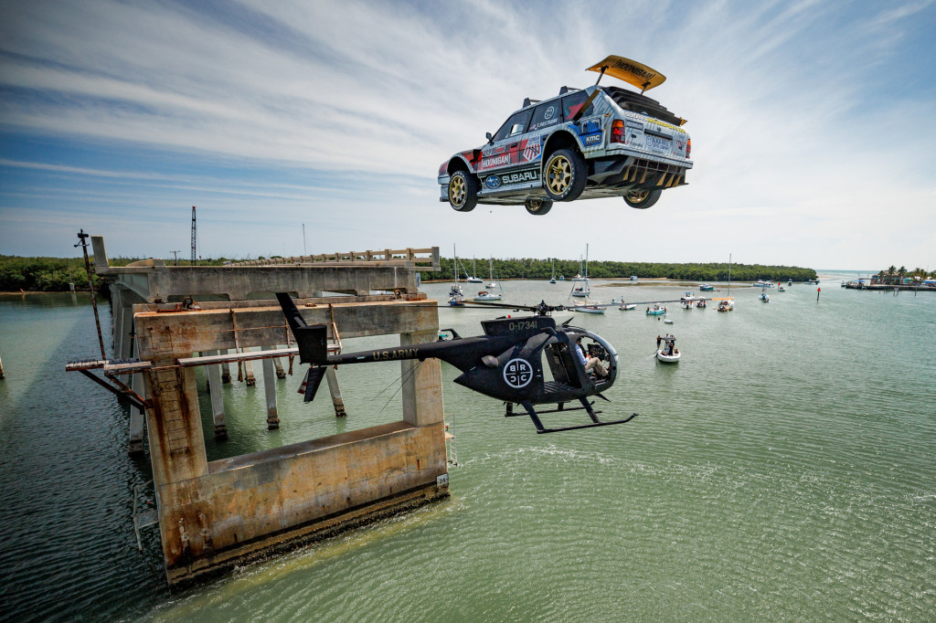 Travis Pastrana drives a Subaru wagon at Gymkhana 2022