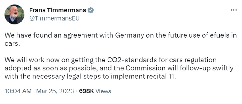 Tweet by Frans Timmermans on agreement of e-fuel exemption