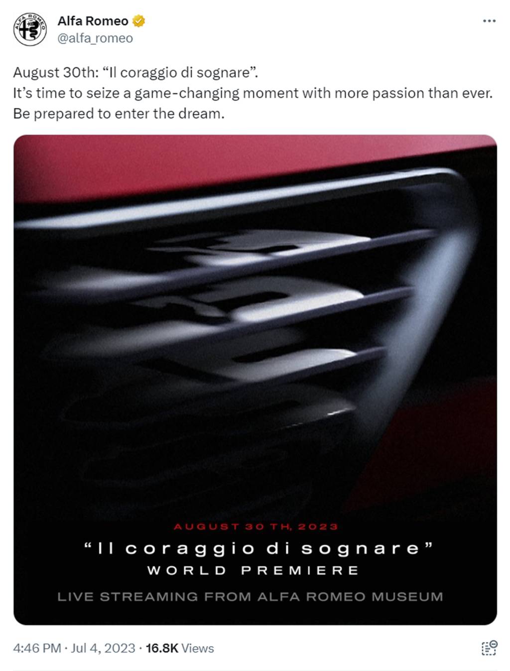 Twitter post made by Alfa Romeo on July 4, 2023