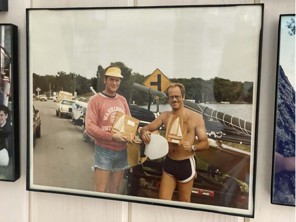 Photo of Unc and Dad after winning a sailing regatta hangs on the wall at the family cottage