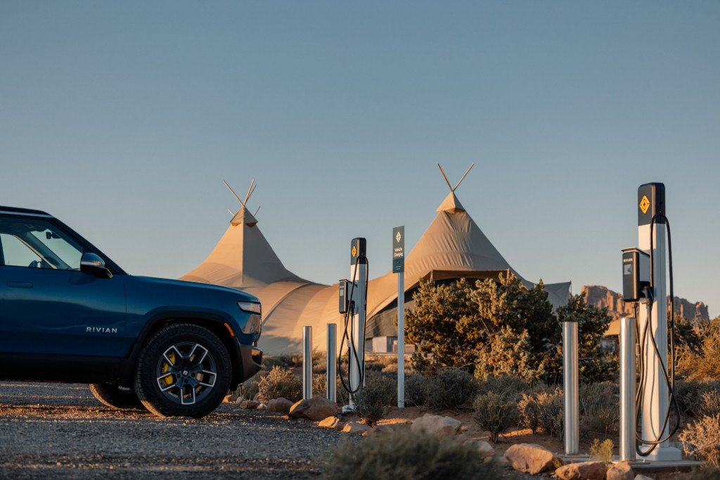 Canvas under carbon-conscious camp with Rivian Waypoint Chargers - Moab