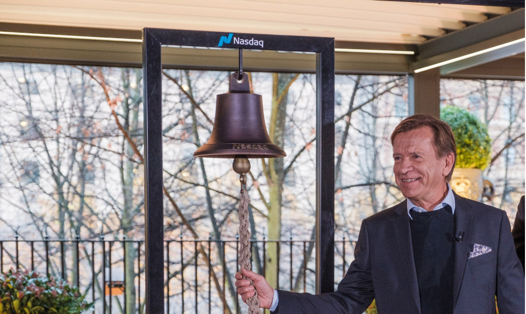 Volvo CEO Hakan Samuelsson celebrates the company's listing on the Nasdaq Stockholm exchange