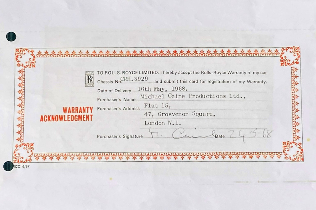 Warranty Acknowledgement for Michael Caine’s 1968 Rolls-Royce Silver Shadow