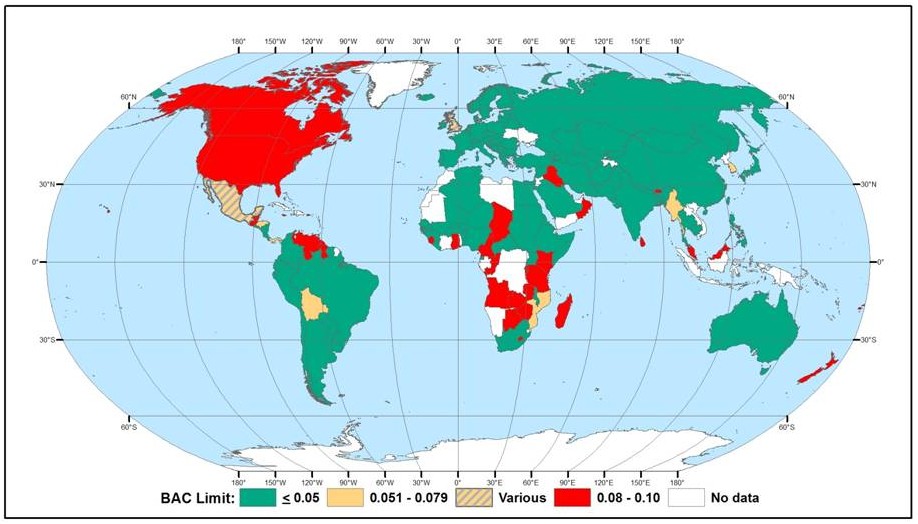 World map of blood alcohol content limits (via NTSB)