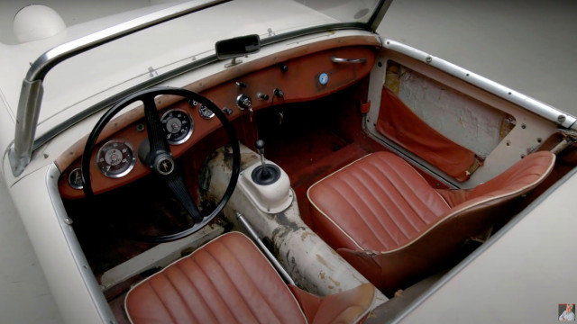 Jay Leno shows off his unrestored 1959 Austin-Healey Sprite