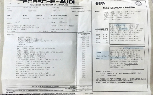 1982 Audi 4000 Monroney label