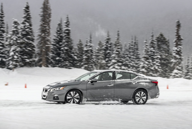 2020 Nissan Altima AWD kicks up snow at the Winter Driving Encounter in Winter Park, CO. 