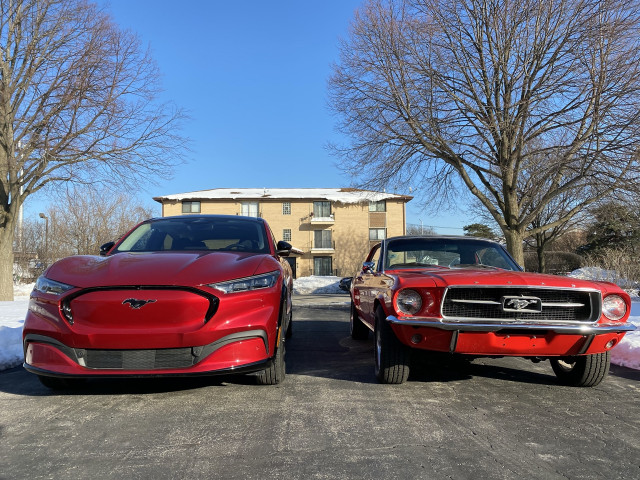 2021 Ford Mustang Mach-E and 1967 Ford Mustang coupe