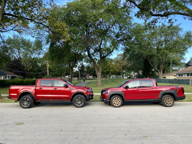 2021 Ford Ranger Tremor, left, and 2021 Honda Ridgeline HPD, right