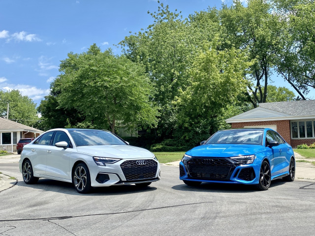 2023 Audi A3, white, and RS 3, blue
