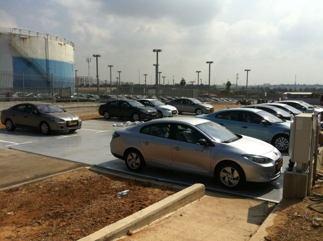 Better Place new car parking lot, showing multiple new Renault Fluence ZE electric cars, Israel