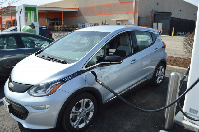 Chevrolet Bolt charging at Electrify America 350 kw charger at Home Depot in Chicopee, Mass.
