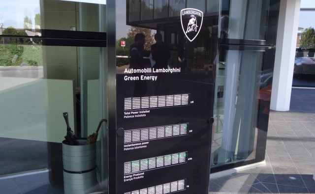 Display at Lamborghini’s factory showing solar power production Display at Lamborghini’s factory showing solar power production