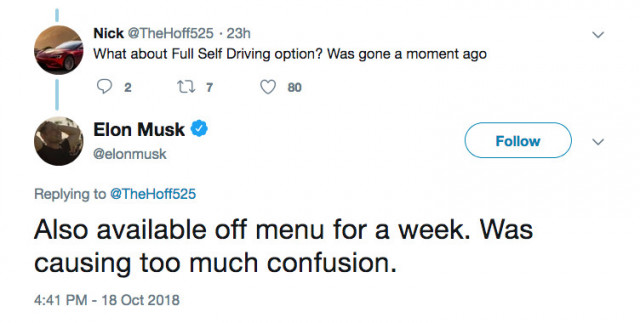 @elonmusk confirmation of Full Self Driving removal from configurator