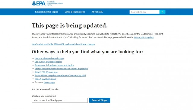 EPA website redirect page replaces scientific information on climate change, April 30, 2017