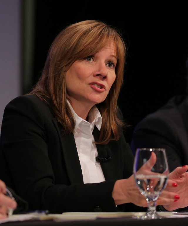 General Motors CEO Mary Barra answers questions from media