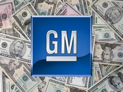 General Motors 'GM' logo on background of cold, hard, U.S. cash money