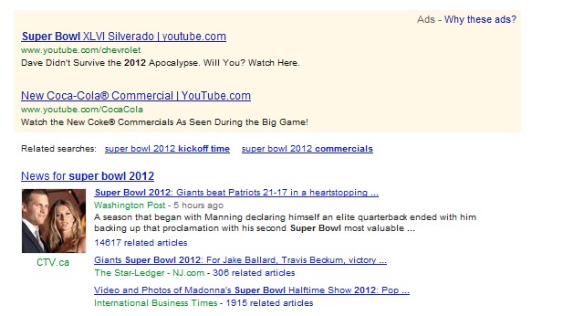 Google search results for 'Super Bowl 2012' on February 6, 2012