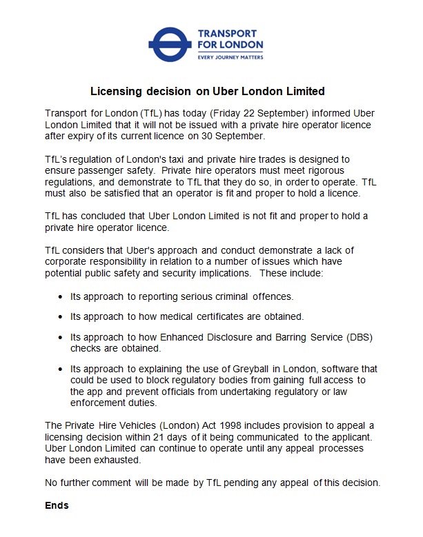 London's letter to Uber