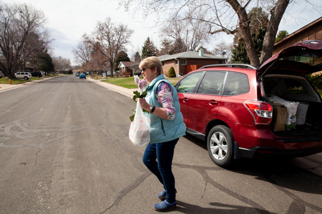 Kathy Kreidler delivers meals in south suburban Denver on April 1, 2020. 