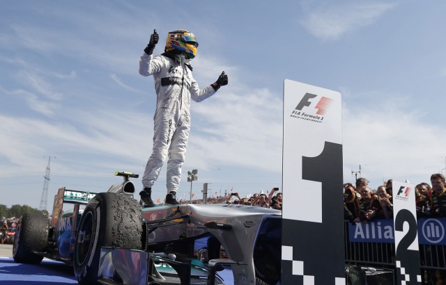 Mercedes AMG’s Lewis Hamilton after winning the 2013 Formula One Hungarian Grand Prix
