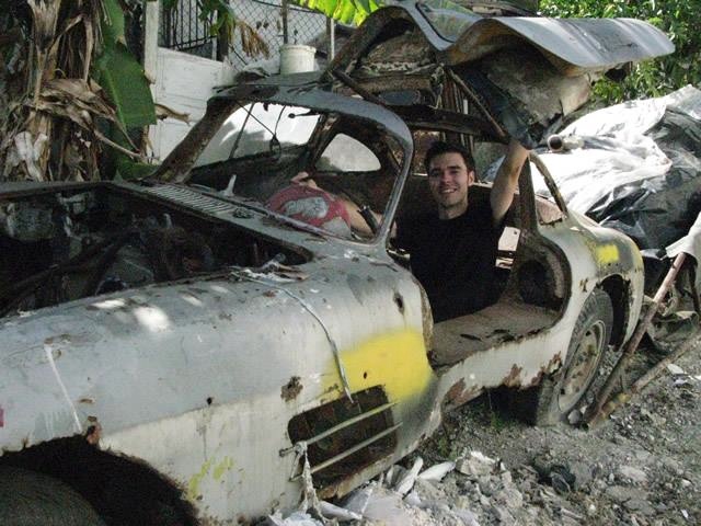 Miguel Llorente in the abandoned Mercedes 300SL Gullwing in Cuba