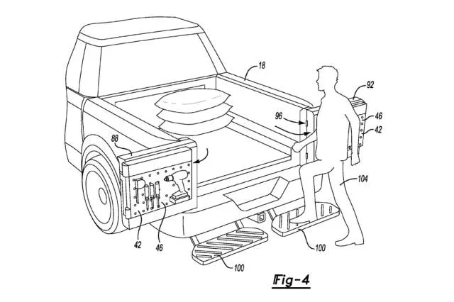 Patent image of Ford extending cargo bed floor with steps and split tailgate