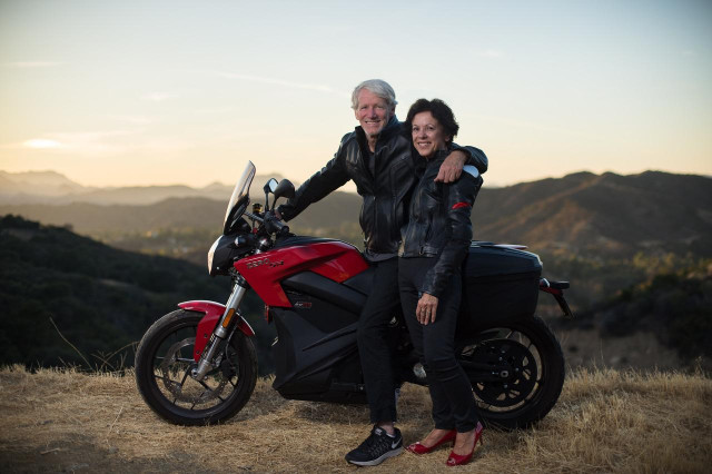 Paul Scott and Barbara with Zero electric motorcycle  [photo: Charles Ryan-Barber]