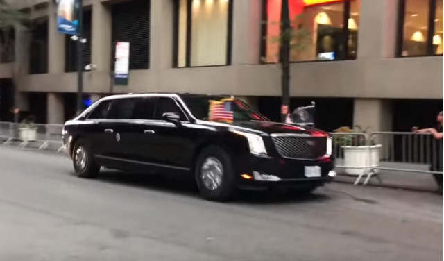 President Donald Trump in his new Cadillac “Beast” armored limo