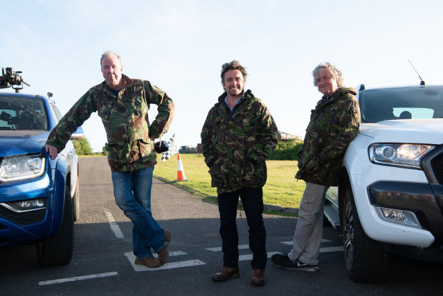 Scene from 'The Grand Tour' season three with Jeremy Clarkson, Richard Hammond, and James May
