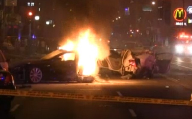 Stolen Tesla Model S splits in half, catches fire after massive crash in LA area