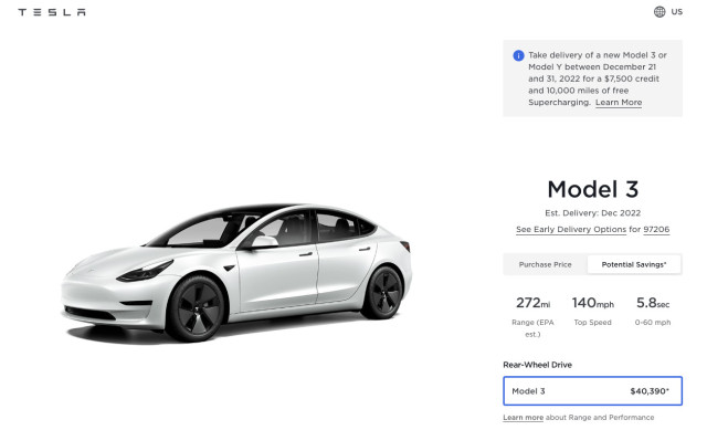 Tesla $7,500 discount on Model 3 - December 22, 2022
