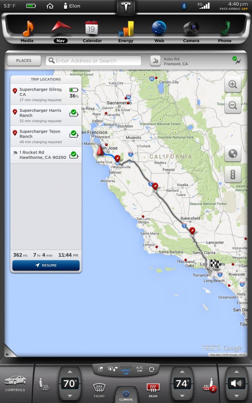 Tesla Model S - Trip Planner feature