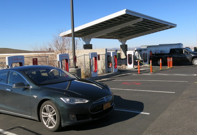 Solar panels at Supercharger in Barstow, CA, during Tesla Model S road trip [photo: David Noland]