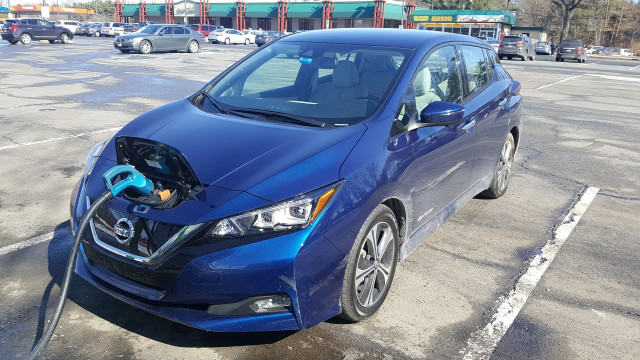Two 2018 Nissan Leafs with EVgo fast charger at NJ Turnpike Joyce Kilmer travel plaza, Feb 2018
