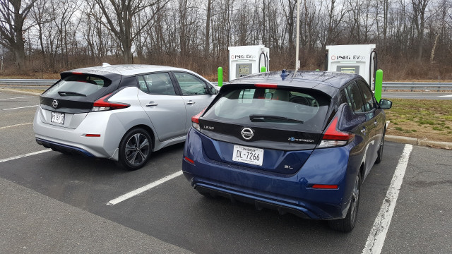 Two 2018 Nissan Leafs with EVgo fast charger at NJ Turnpike Molly Pitcher travel plaza, Feb 2018