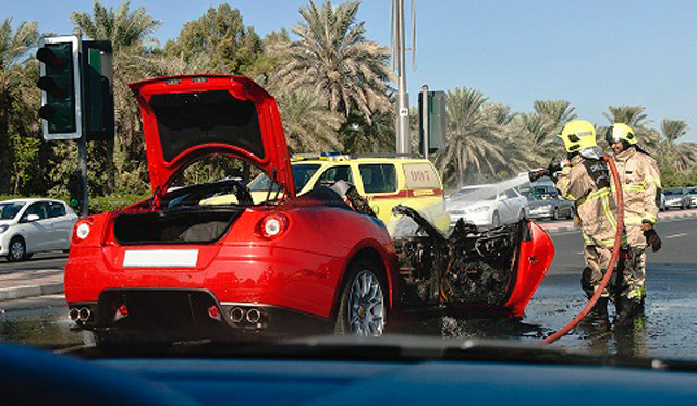 Wreckage of Ferrari 599 GTB Fiorano that burned to the ground in Dubai