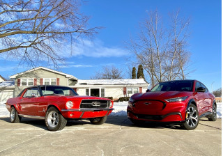 2021 Ford Mustang Mach-E and 1967 Ford Mustang coupe