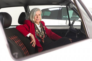Gunhild Liljequist, one of Volkswagen's first female designers, shows off the GTI's plaid seats